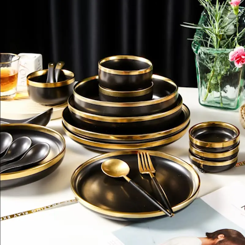 Tableware Set Black Ceramic Plates and Bowls Set Dinnerware Set with Dish Bowl Dessert Plate Steak Plate