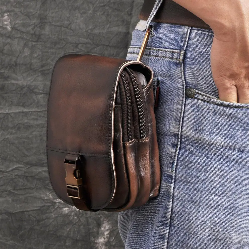 Real Leather Cowhide Retro Men Design Casual Daily Use Small Fanny Waist Belt Bag Hook Pack Fashion 6\