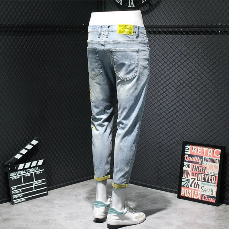 Mens Fashion Vintage Denim Pencil Pants Embroidery Jeans New Printed Slim Fit Ankle Length Trousers Streetwear Casual Jeans Man