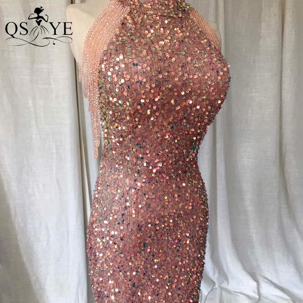 QSYYE Brown Short Prom Dresses Sparkle Sequin Beading Straps/Sleeves Girl Prom Gown Sheath Short Evening Shiny Dress Casual