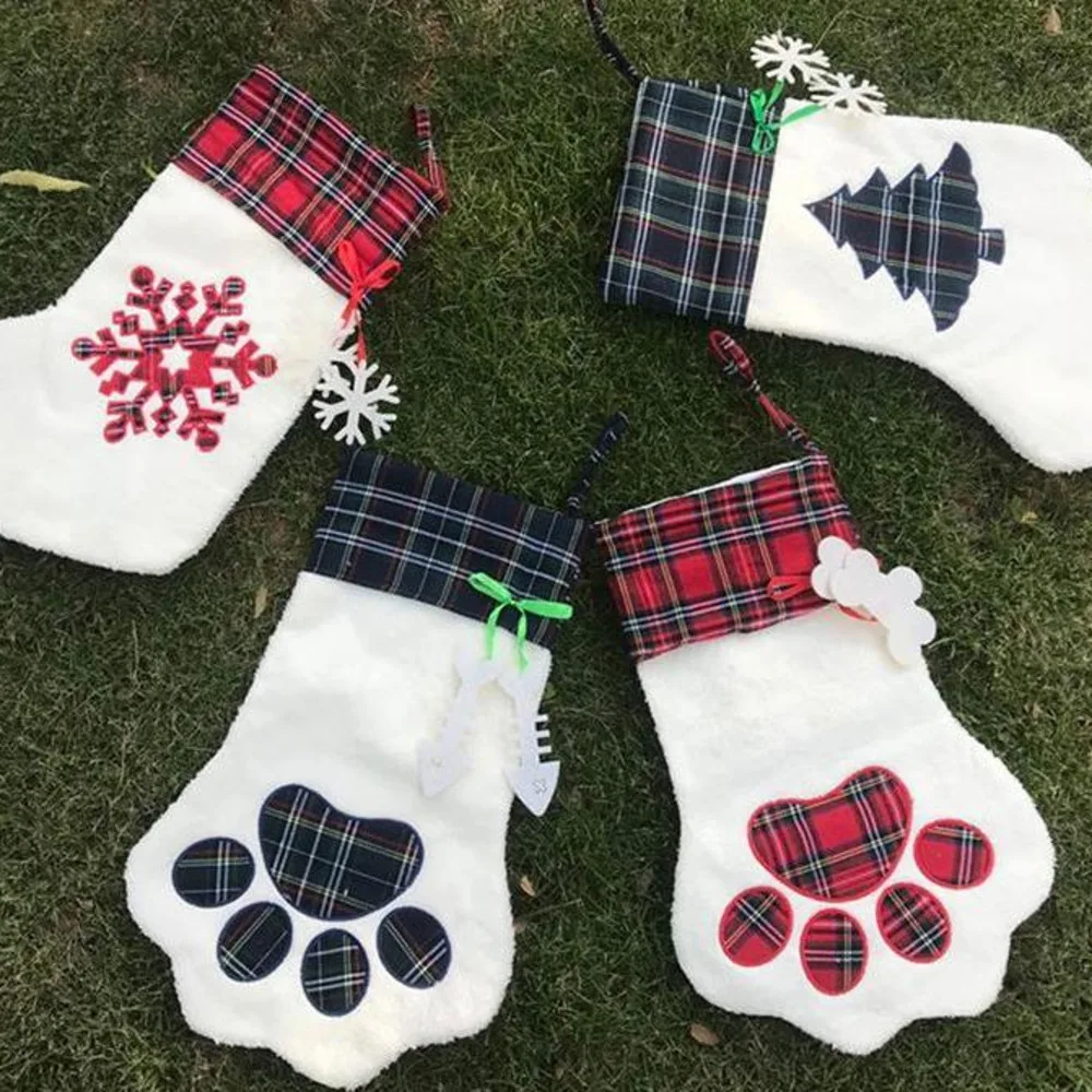 Hot Sale Christmas Cat Stocking 100pcs/lot Xmas Pet Dog Plaid Paw Stocking Tree Decoration Socks Fast Shipping