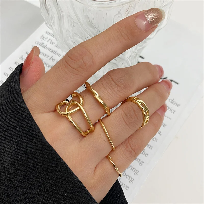 Metal Bead Punk Ring Set Sliver Gold Color Hip Pop For Women Vintage Spiral Multilayer ringChunky Knuckle Joint Jewelry Gift view 3