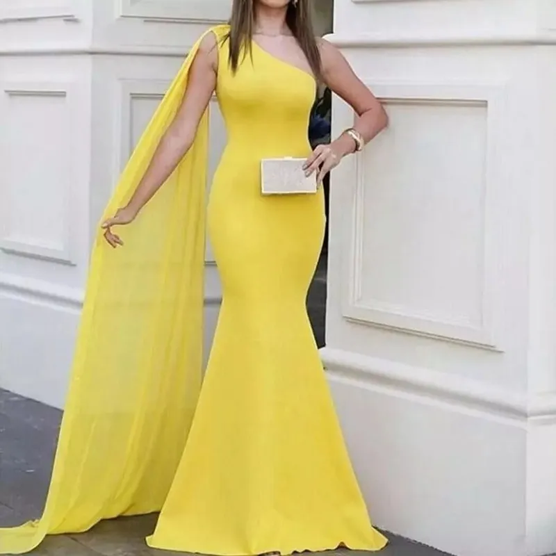 Vestido de noite sereia de um ombro, vestido de baile longo, personalizado, plus size, vintage, amarelo, árabe, Dubai, 2024