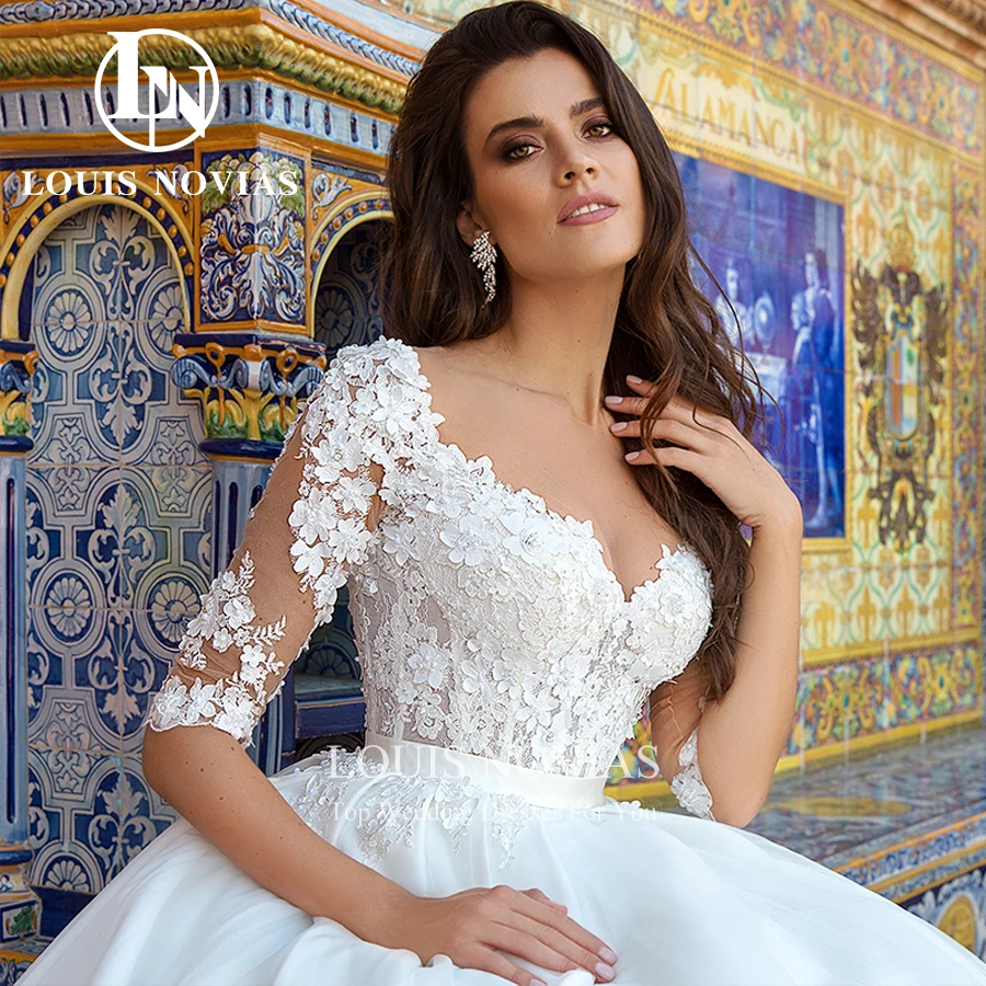 

LOUIS NOVIAS Свадебные платья трапециевидной формы, сексуальное свадебное платье Vestidos De Novia с кристаллами и бисером, аппликациями с длинными рукавами, свадебное платье принцессы со средней спинкой