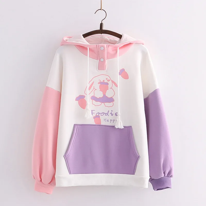 Felpa con cappuccio da donna Bunny Harajuku Kawaii Rabbit Anime Graphic felpa Teen Girls abiti invernali rosa viola coreano Pullover carino