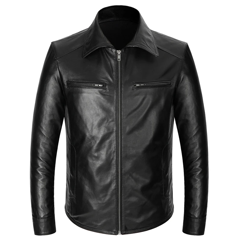 Genuine Men's Jacket Real Leather Sheepskin Slim Fit Brakeman Coat Swallowtail Zipper Turn-down Collar S-4XL