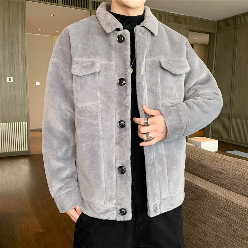 Mens Casual Lamb Wool Short Loose Plus Velvet Thickening Jackets Pockets Turn-Down Collar Single Breasted Winter Warm Coat