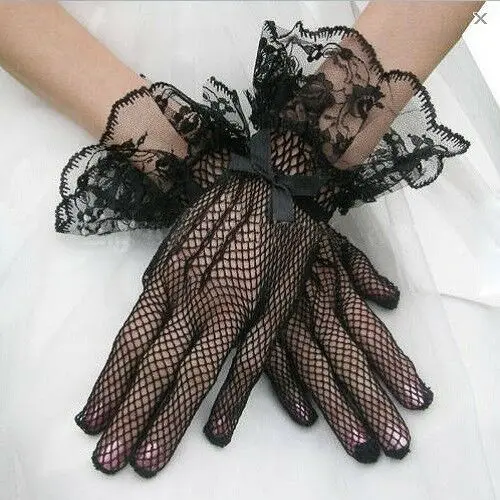 Black Fishnet Gloves with Ruffled Trim - Gothic Victorian Style Sexy Lingerie Accessory Halloween Costume Burlesque Steampun