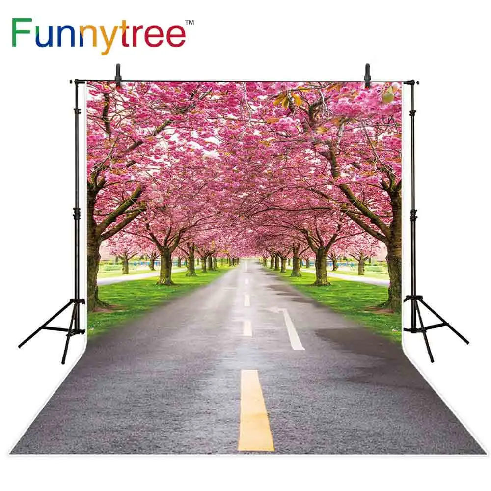 

Funnytree photography studio photo background Cherry tree forest Spring lawn highway photophone photocall decoration econ vinyl