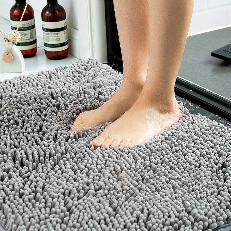 Solid Color Soft Plush Chenille Non Slip Bathroom Bath Mat  Water Absorption Floor Door Mat Toilet Rug Home Decoration Carpet