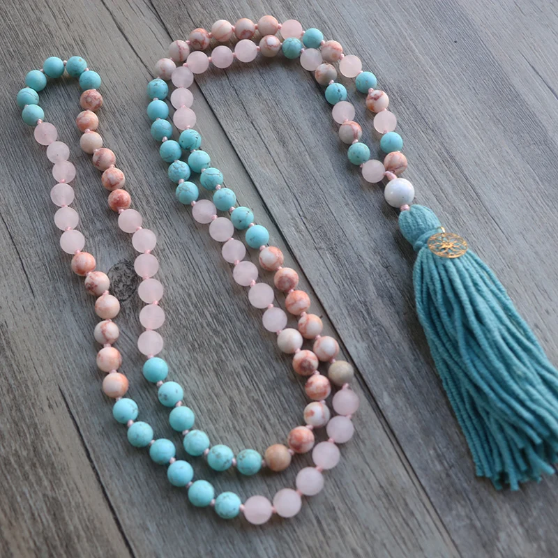 Long Frosted Natural Stone Yoga Mala Necklace, Women Meditation Rose-quartz & Turquois-e Lotus Charm Necklace,Boho Chic Necklace