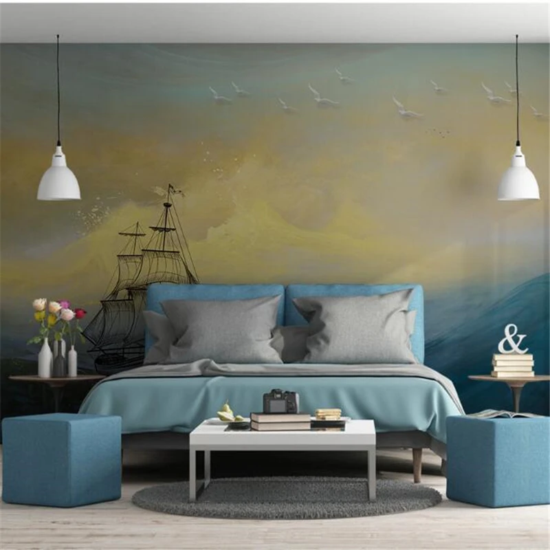 mural  papel de parede 3d  Custom wallpaper  Scandinavian retro wind and waves breaking the ocean sailing oil painting wall