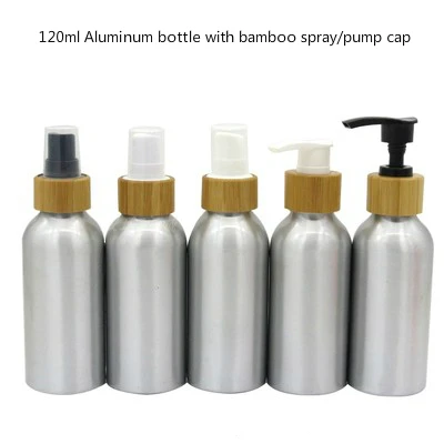 

Cosmetic package 1oz/1.6oz/3.3oz/4oz/5oz/8oz silver aluminum bottle with bamboo disc top cap/bamboo spray cap/bamboo lotion cap