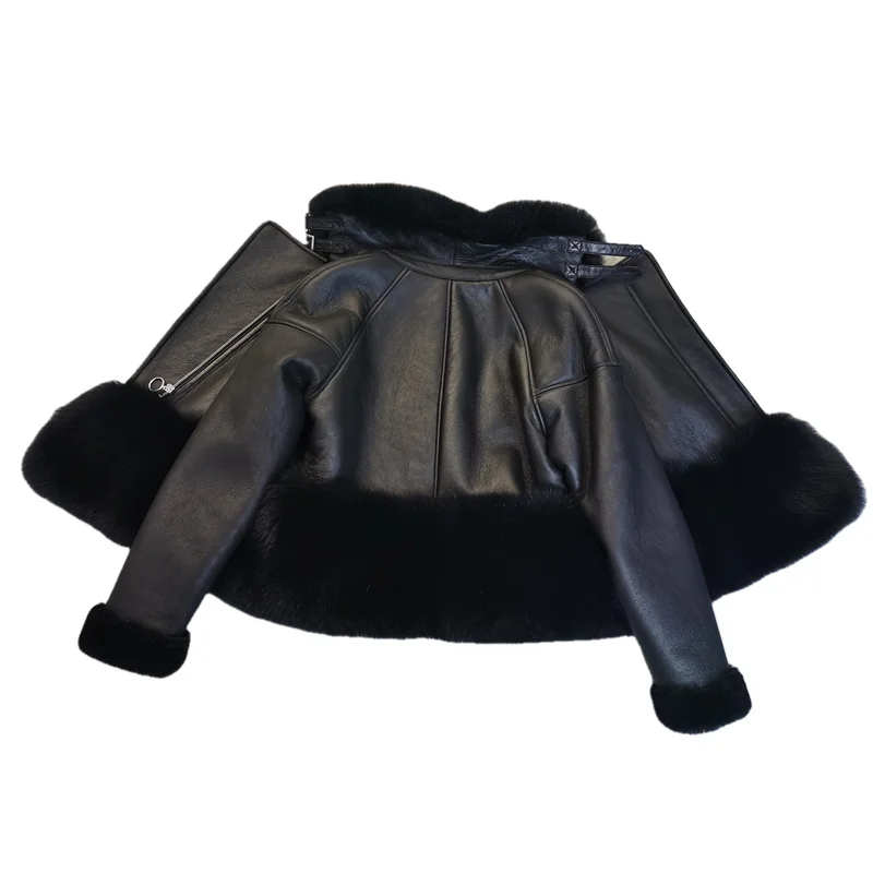 2022 New Casual Winter Vrouwen Dubbele Geconfronteerd Jas Met Fox Bontkraag Real Leather Jacket Warm Wol Liner