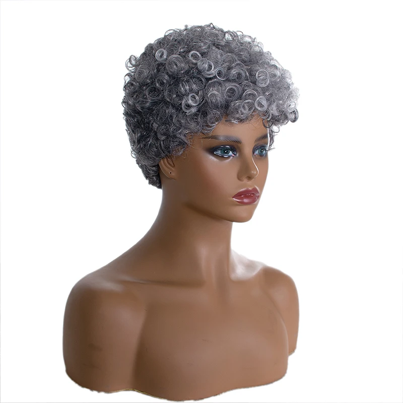 Pelucas sintéticas cortas y rizadas para mujer, pelo Afro negro, gris, con flequillo, aspecto Natural, para CosplayUse diario