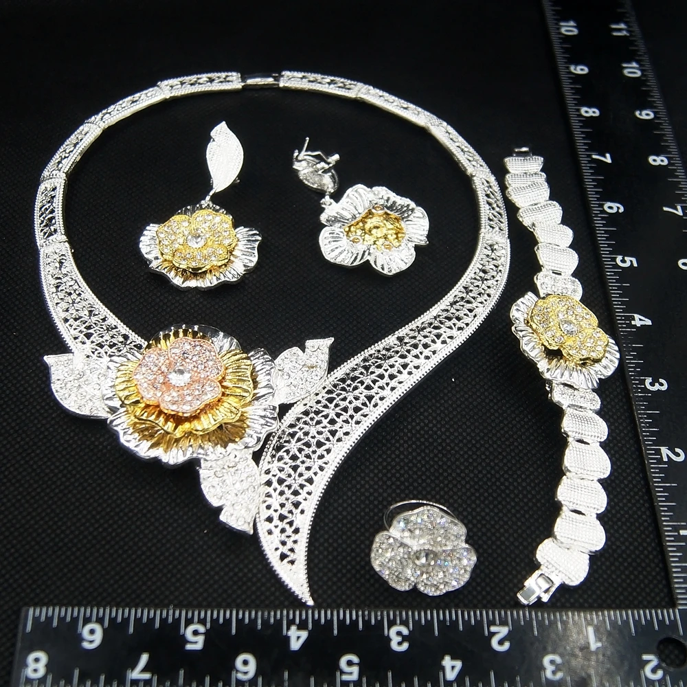 Yulaili Exquisite Flower Pattern Bridal Gift Jewels and Cube Girl Party Earrings Necklace Bracelet Ring Jewelry Set