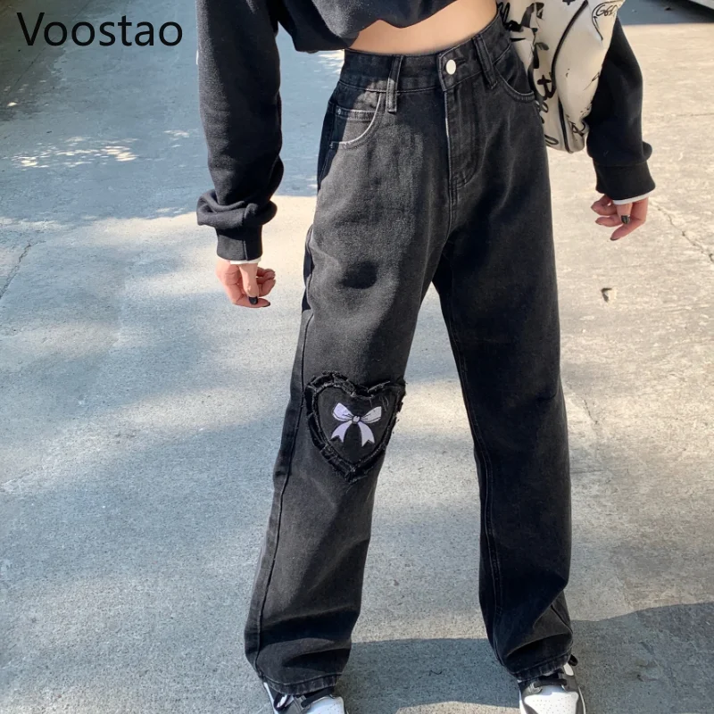 

Vintage Gothic High Waist Denim Pants Women Chic Heart Bow Embroidery Y2K Jeans Korean Female Streetwear Loose Straight Trousers