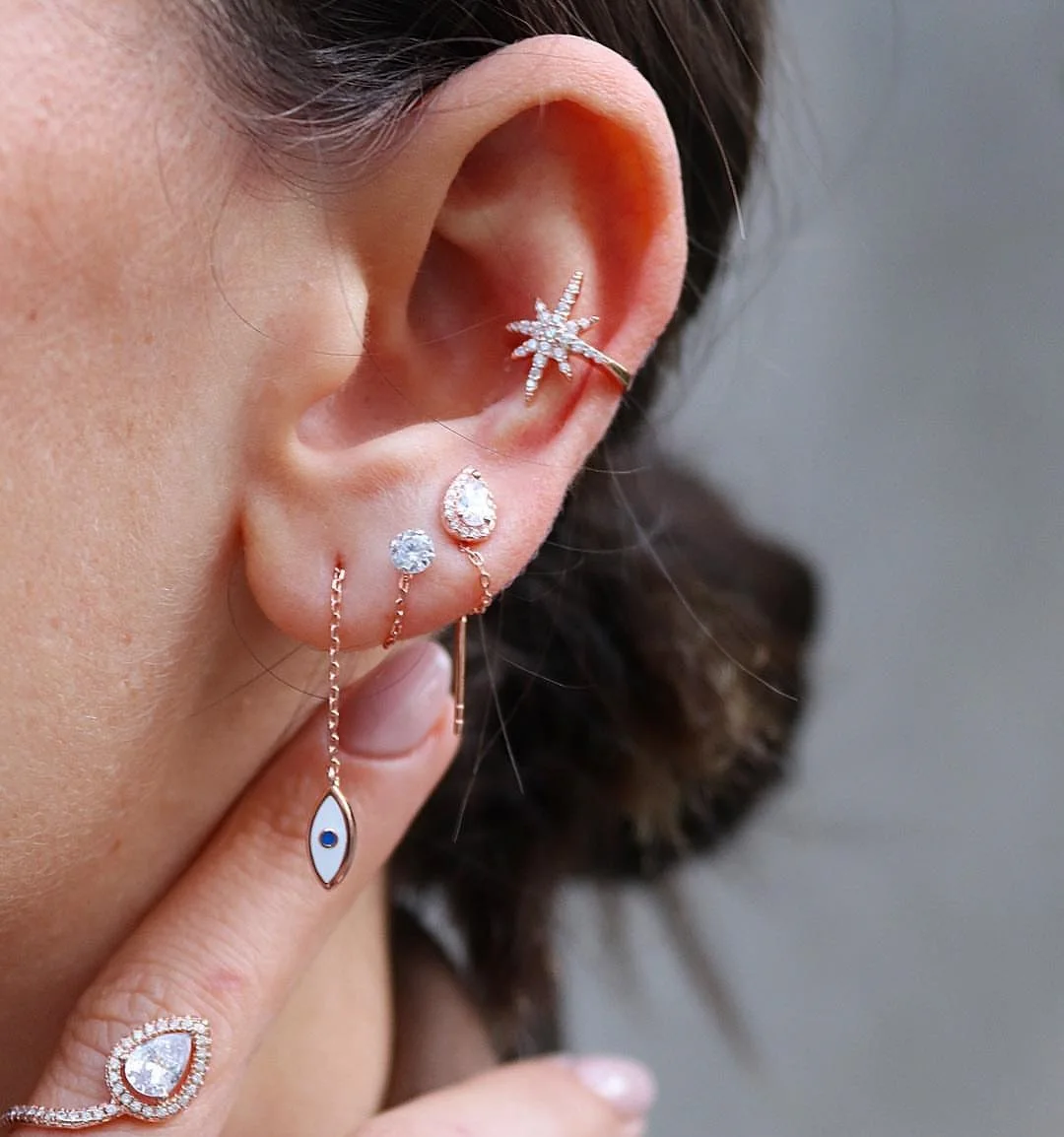Tassel chain earring Silver plated Rose gold Color Cute tiny turkish evil eye charm Thin Threader chain earrings for women view 5