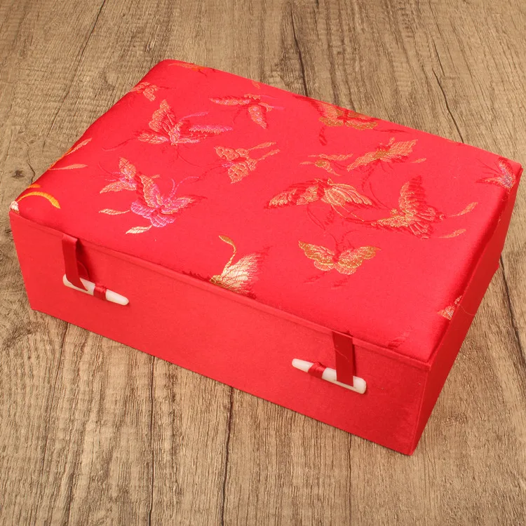 Red Chinese style Silk Jewelry Gift Box Rectangle Jadeware Plaything Storage Boxes with Fluffy Cotton Photo album Packaging Case