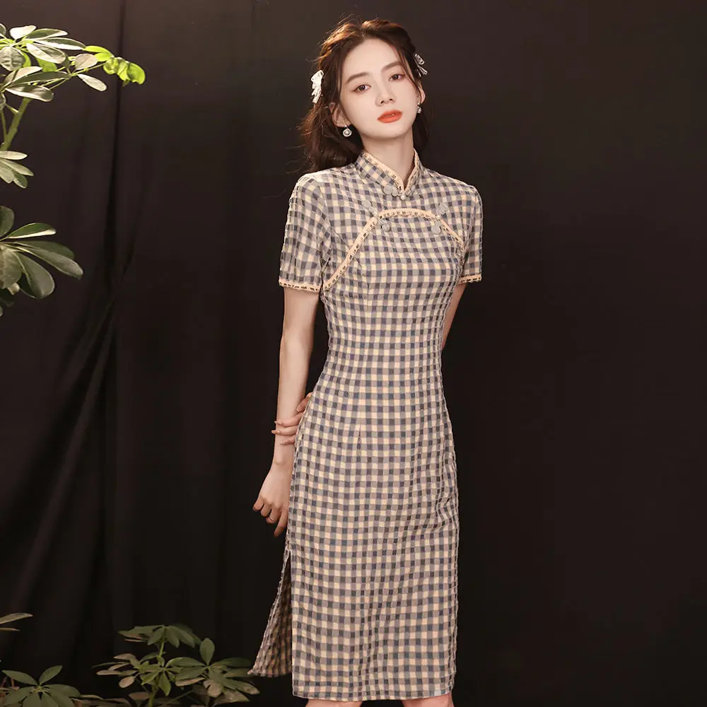 Chinese Women Dress Cheongsam Oriental Qipao Plaid Dress Summer 2021 Modern Cheongsam Young Style Qipao Femme Plus Size