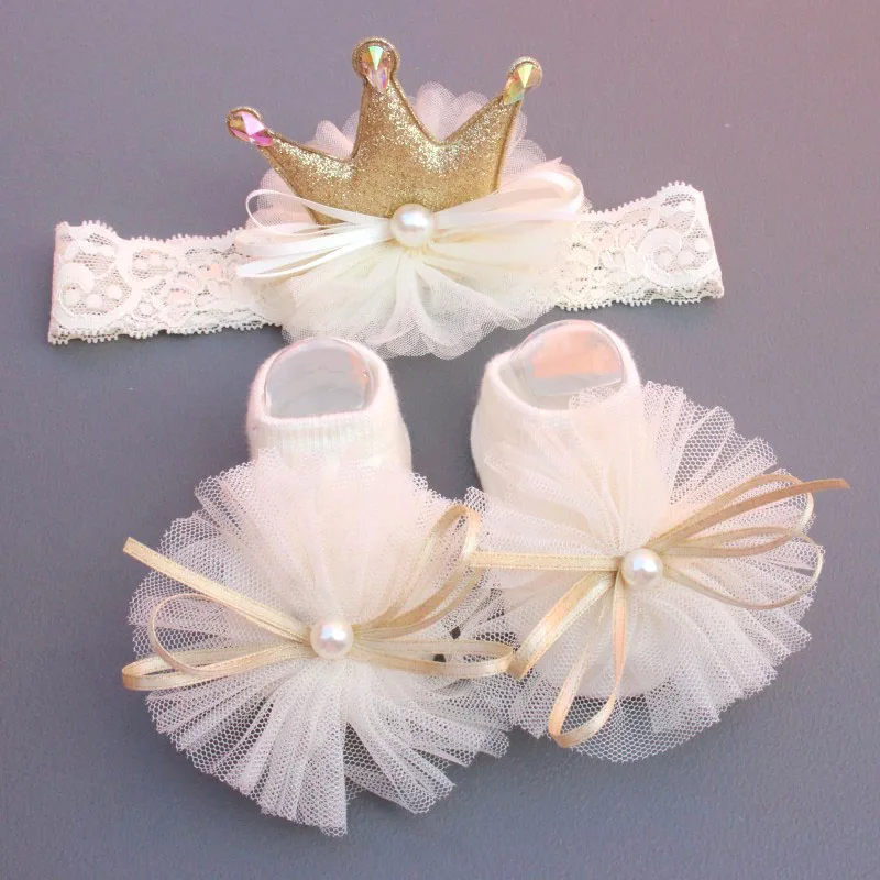 2 Pcs/Set Elastic Bab Headband Socks Set Lace Flower Newborn Girl Short Socks Bow Crown Infant Baby Turban Hairband