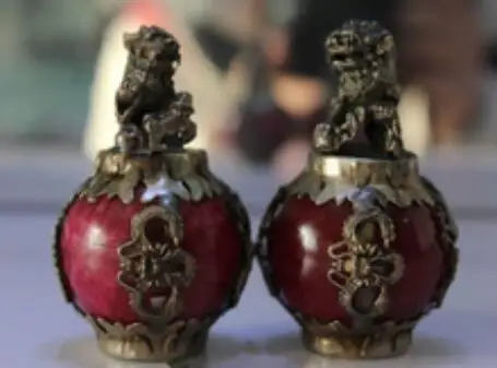 Paire de boules rouge Jade du Tibet | Boule de phénix, en argent, Foo Fu Dog Guardion, Statue Lion paire, mot de jardin, décorat