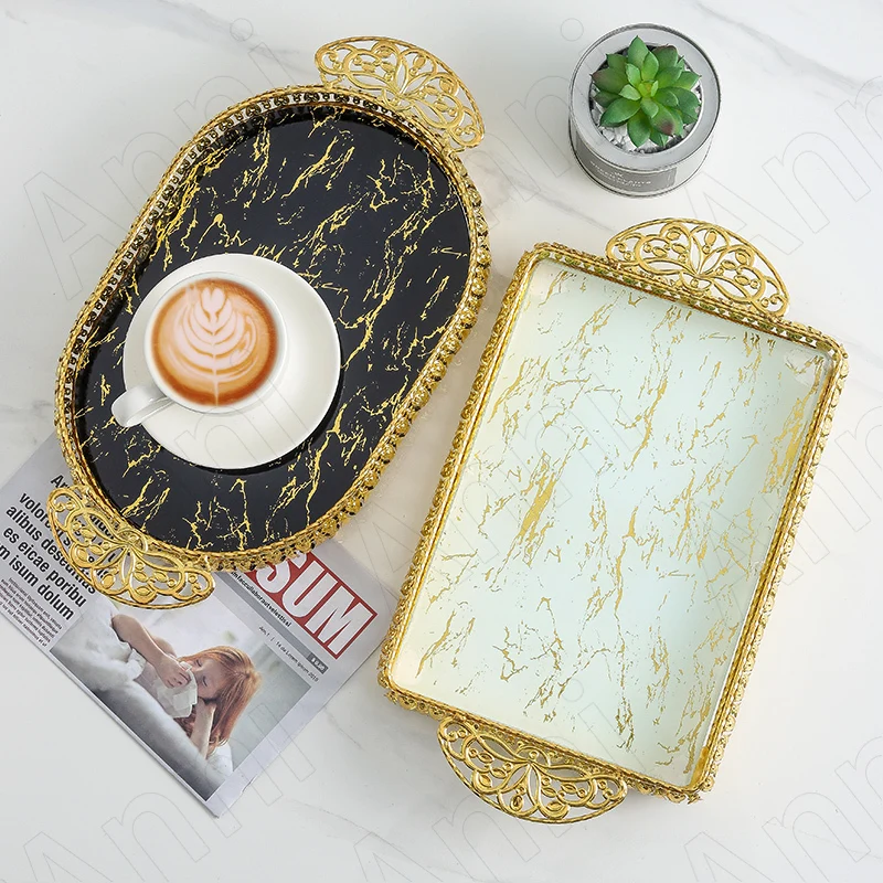 

Golden Marble Texture Wood Storage Tray Creativity Nordic Modern Golden Stroked Metal Hollow Fruit Cake Dessert Trays Decorative