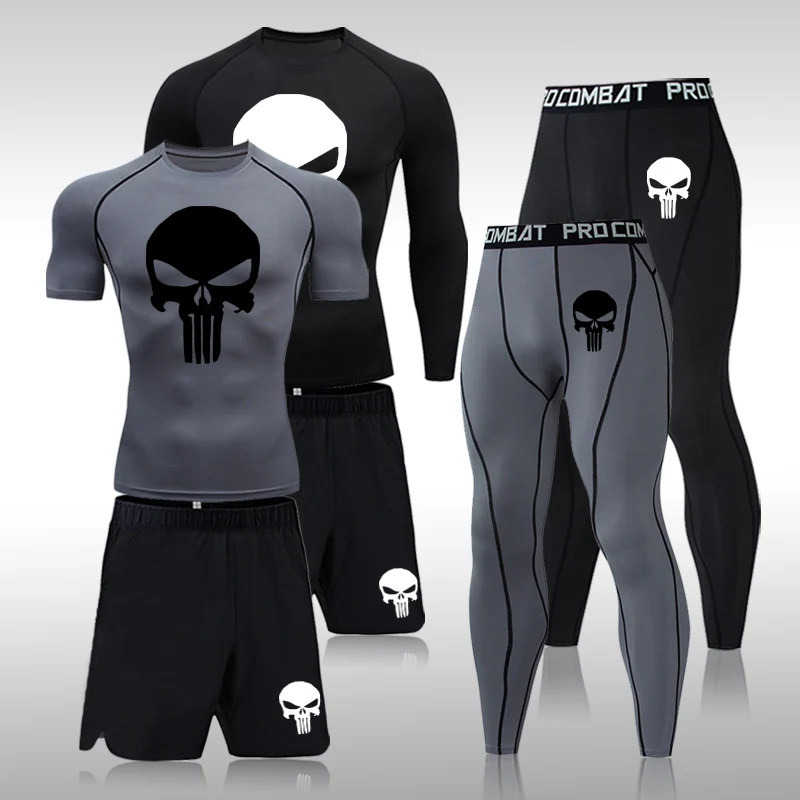 Men Compression Set MMA Long or Short Sleeve T-shirt Men\'s Tight Pants Fitness Bodybuilding Clothes Skull Rashguard Sports Suits