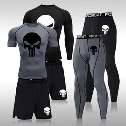 Men Compression Set MMA Long or Short Sleeve T-shirt Men's Tight Pants Fitness Bodybuilding Clothes Skull Rashguard Sports Suits