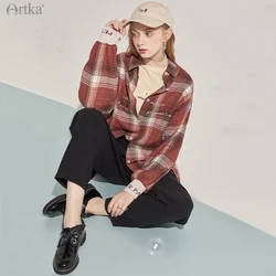 ARTKA 2020 Autumn New Women Blouse Fashion Vintage Casual Plaid Shirts Loose Turn-down Collar Long Sleeve Shirt Outwear SA20400Q