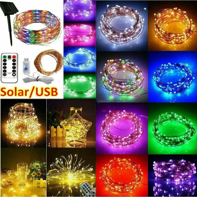 100/200 LEDs 10M 20M 5M Solar/USB Fairy String Lights Outdoor Copper Wire Garden Xmas Decor Colourful white warm white