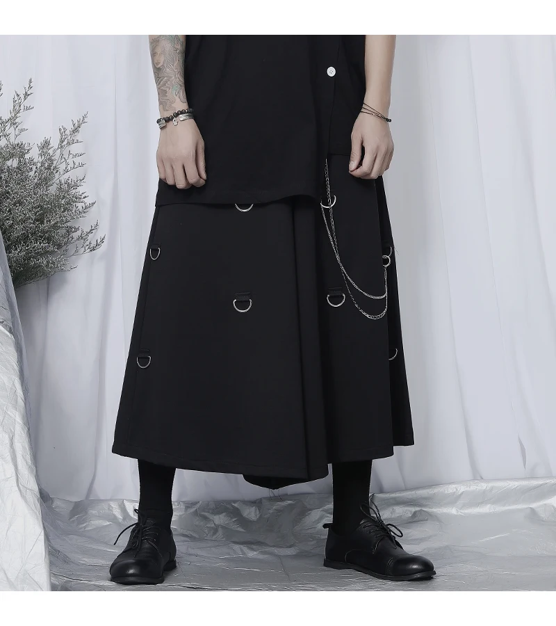 New Casual Pants Black Simple Casual Men's Nine Point Pants Loose Wide Leg Pants Black Metal Decorative Pants Chain Skirt Pants