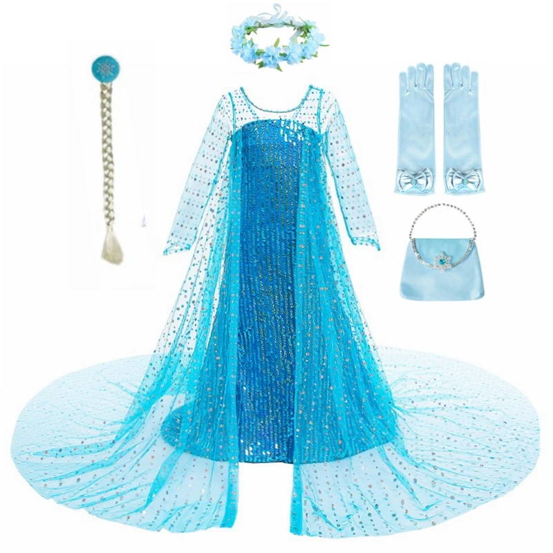 

Princess Party Long Cape Dress Elsa Costume 3 4 5 6 7 8 9 10 Years