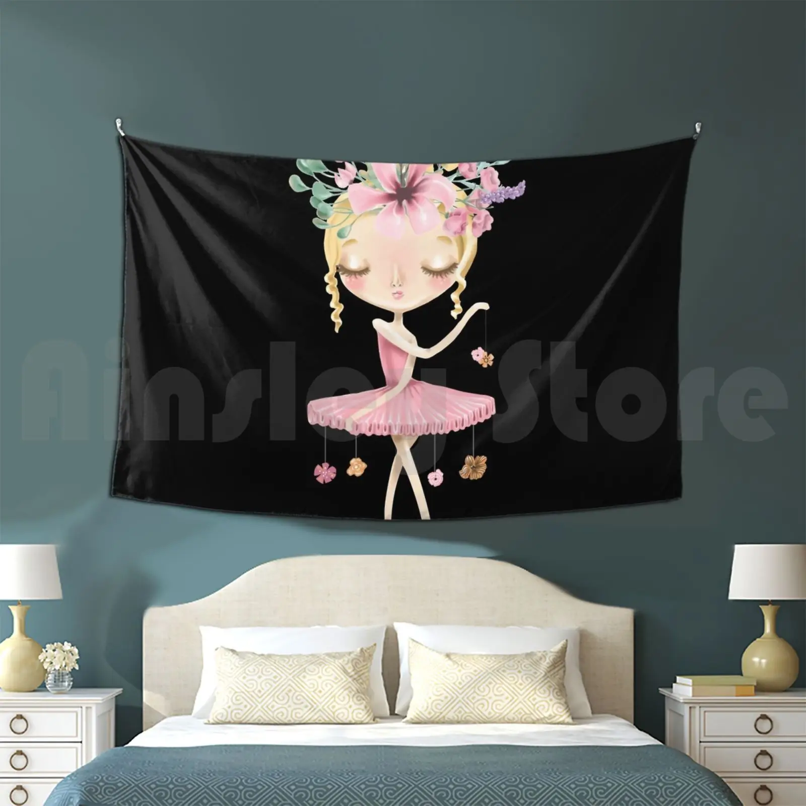 Ballerina With Flowers In Her Hair Tapestry Living Room Bedroom Ballerina Flowers Dance Colorful Pink Cute Ballet