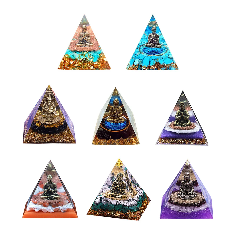 6cm Buddha Statue Energy Generator Orgone Pyramid Amethyst Peridot Healing Crystal Reiki Chakra Orgonite Pyramid Meditation Tool