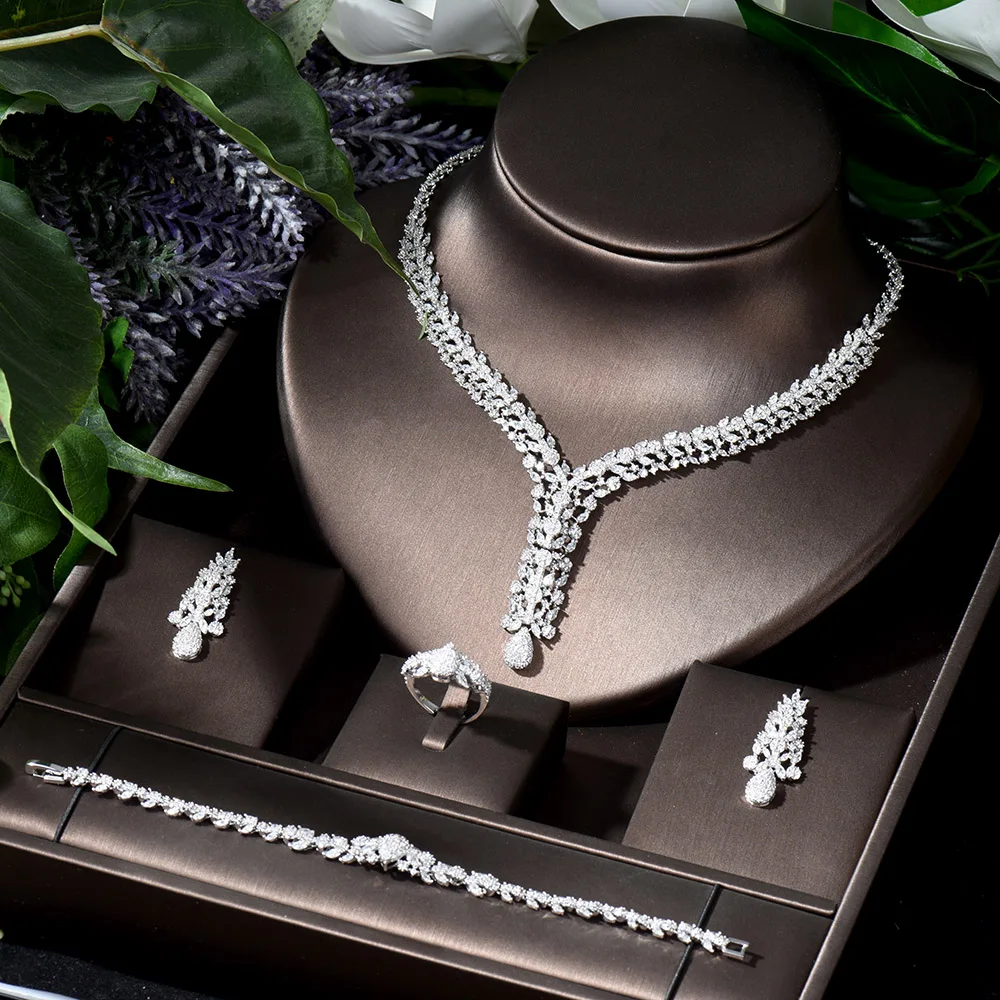 HIBRIDE New Arrival White Color AAA Cubic Zirconia Geometric Design Wedding Jewelry Set Necklace Earring for Women Bridal N-1025