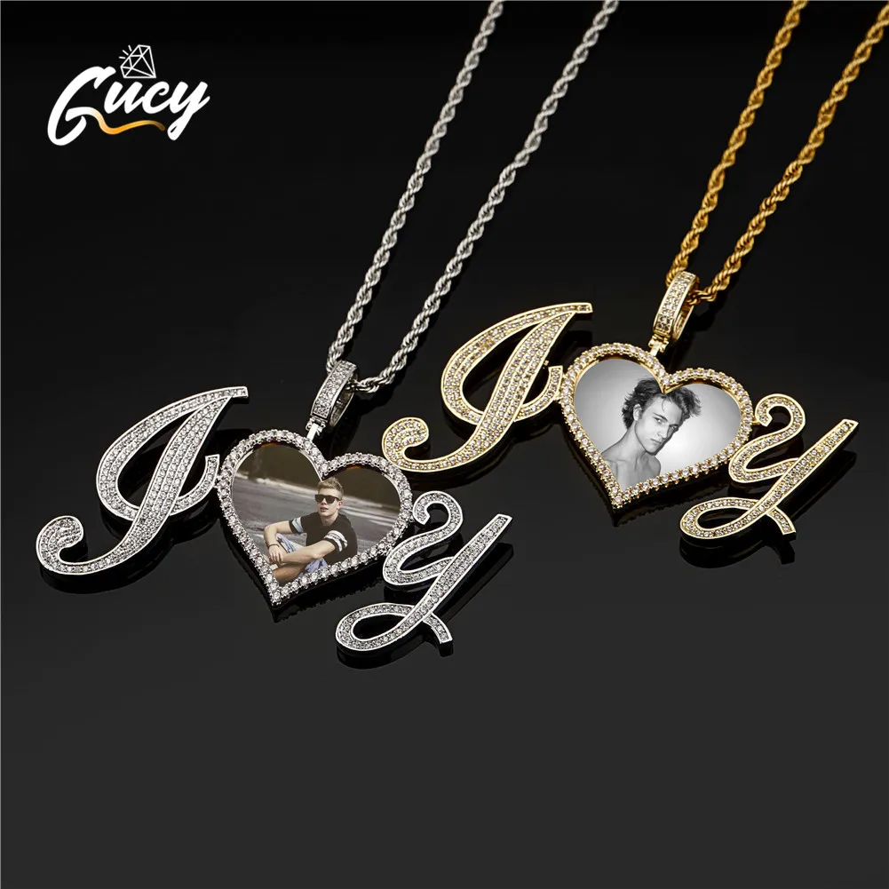 

GUCY Hip Hop Fashion Custom Made Photo Name 2Letters And Heart Pendants Necklaces Cubic Zircon For Men Jewelry With Solid Back