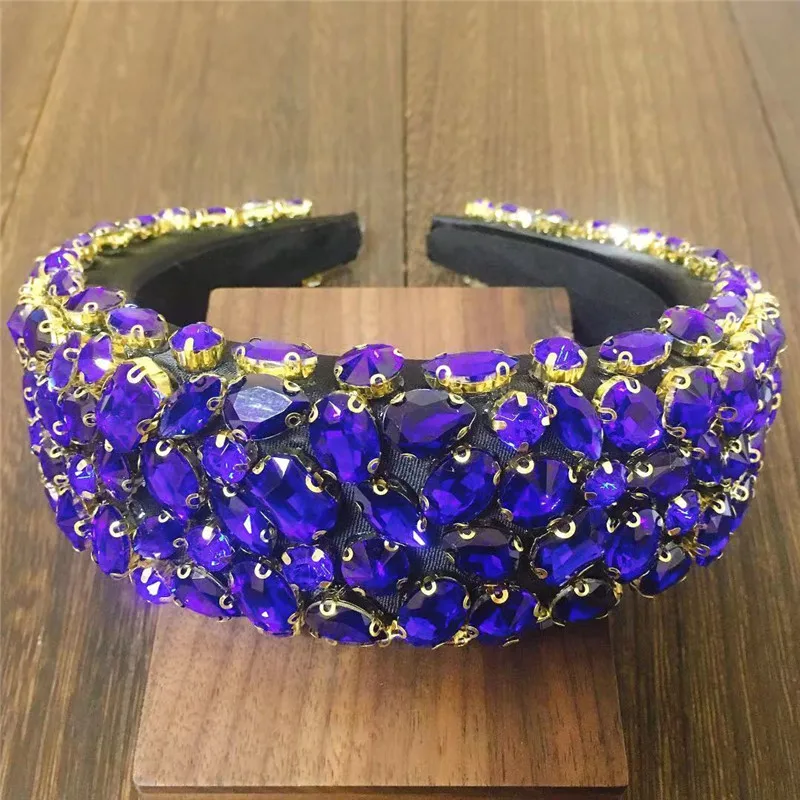 New Full Crystal Luxury Baroque Padded Headband For Women Blue Diamond Rhinestone Hairband Wide Thick Hair Hoop Girls Wholesale