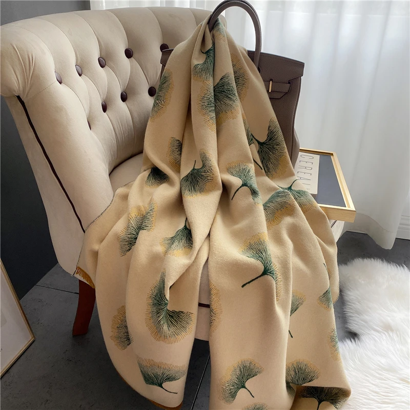 New Ginkgo Print Cashmere Blend Scarves Shawls Ladies Thick Large Size Pashmina Tassel Mujer Bufanda Spring Autumn Wraps Hijab