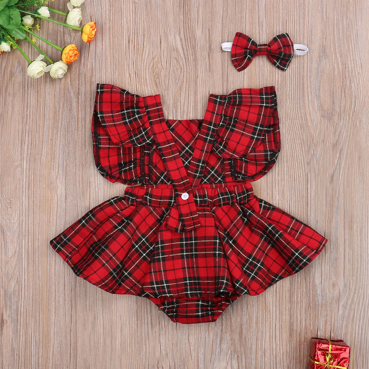 Xmas 0-24M Baby Girls Boys Rompers Dress +Headband Plaid Print Ruffles Short Sleeve Backless Jumpsuits