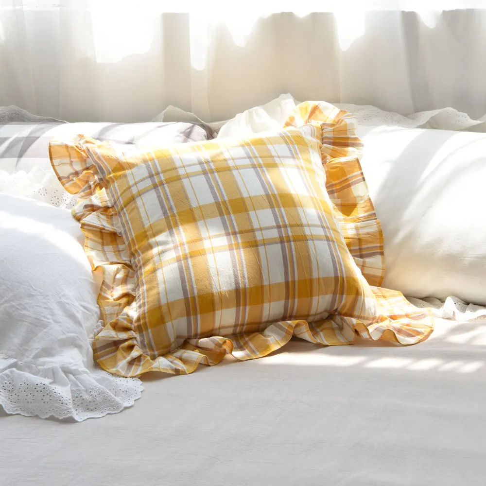 Ins Simple Plaid Pillow Cover Square Ruffled Cushion Cover For Home Sofa Decoration 100% Cotton Pillowcases Girl Room Decor
