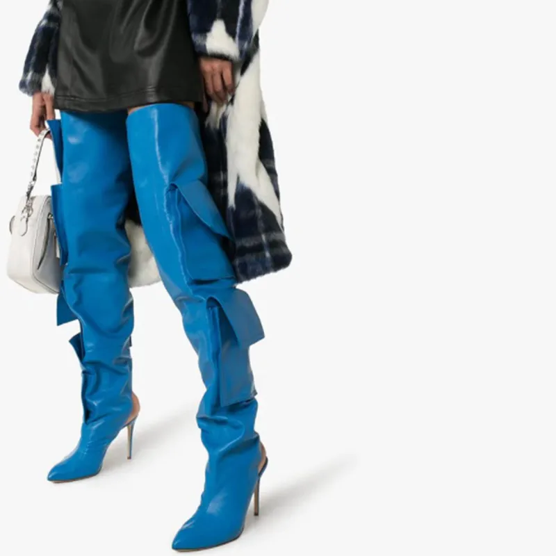 Dark Blue Leather Packet Designer Women Over Knee Boots New Pointed Toe Slingback Shoes Fashion Stiletto High Heels Knight Boots