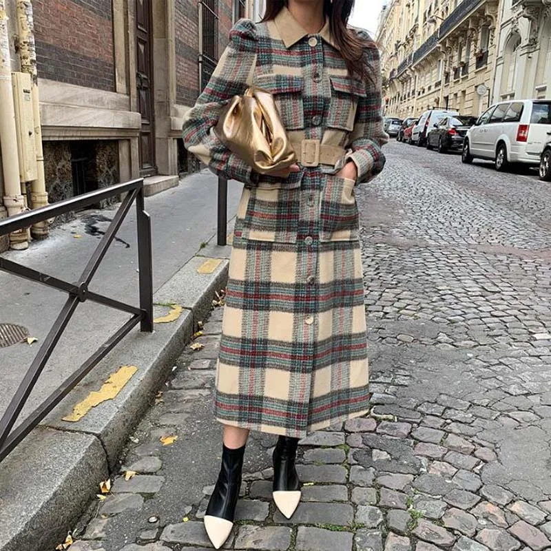 Novel Spring Turn Down Collar Women Woolen Coat Plaid Print Elegant Wool Jacket Women Autumn Long Coat Casaco Feminino