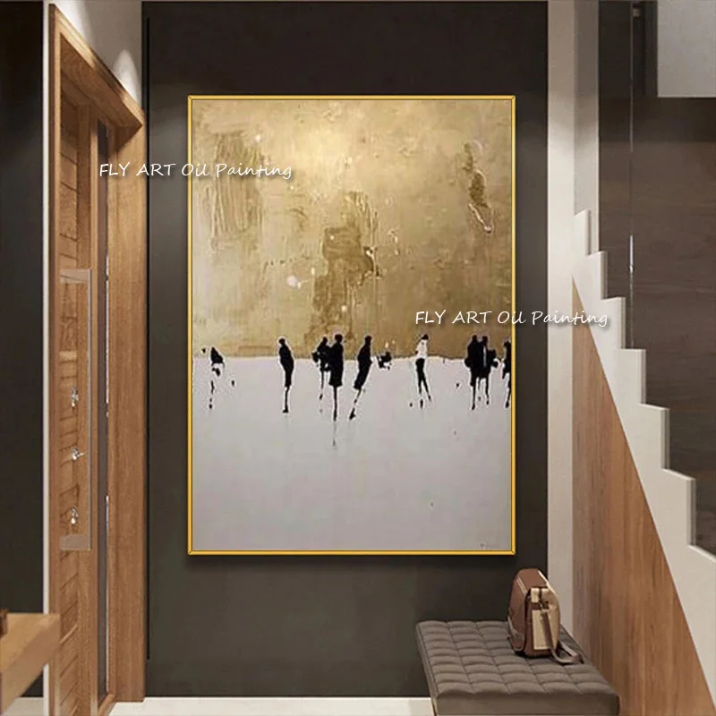 Hand-painted Abstract Street People Walking Oil Painting Fashion Wall Art Gold Black and White Oil Painting For House Decor