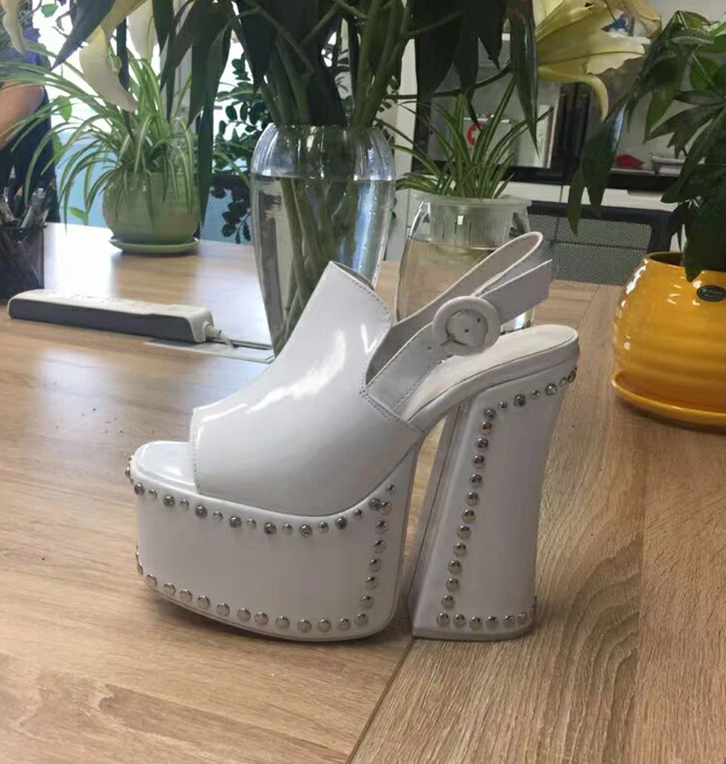 Real Photos Metal Studs Super Platform Chunky Heels Sandals Summer White Leather Gladiator Back Strap Peep Toe Club Party Shoes