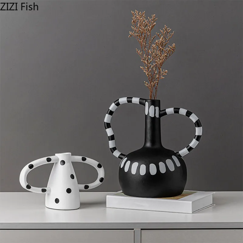 

Creative ceramic vase Black and white wave dot spots abstract irregular ceramic crafts handle Flower vase Home Decoration