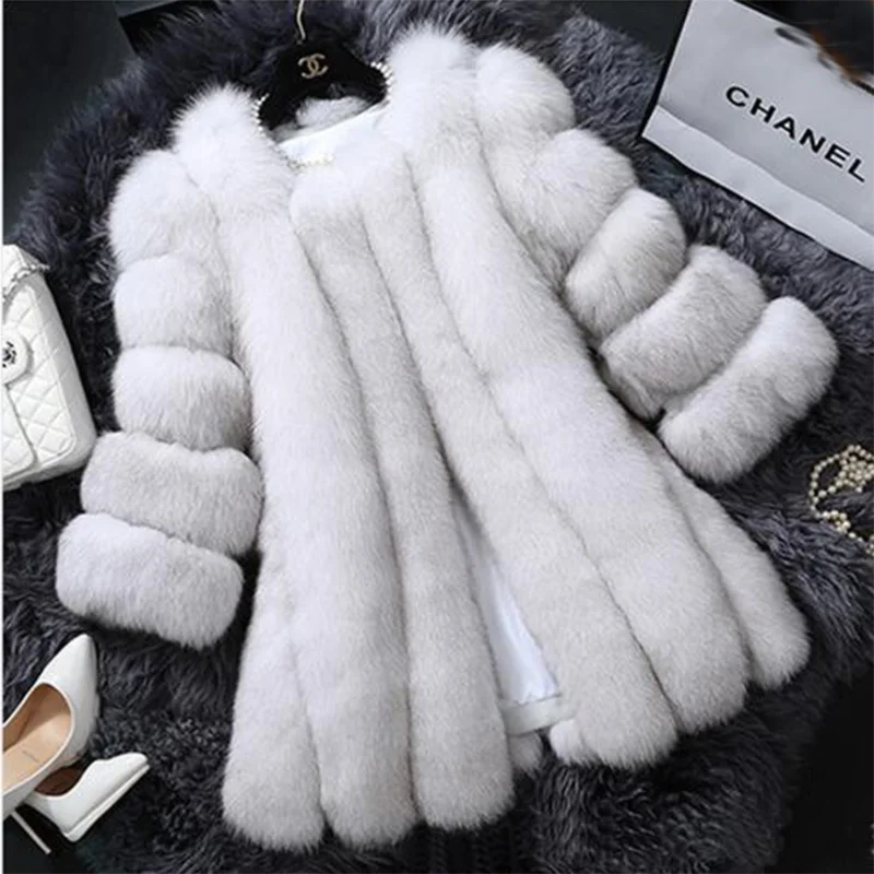 2022 Winter Faux Fox Fur Coat overcoat Women Slim Long Red Blue Faux Fur Jacket Women Fake Fur Coats manteau fourrure