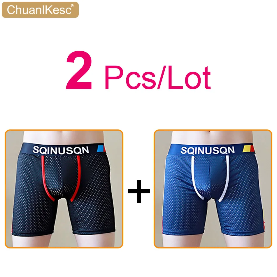 2 Pcs/Lot Men's Long Boxers New Mesh Underwear Cool And Breathable Large Size Anti Abrasion Leg Sports Shorts Newly Launched