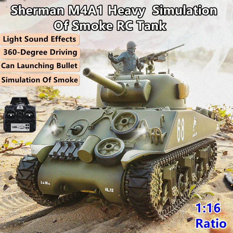 

Simulation Smoke Sherman M4A1 Heavy Remote Control Tank 20Mins Launching Bullets 360° Driving Turret Rotation RC Military Tank