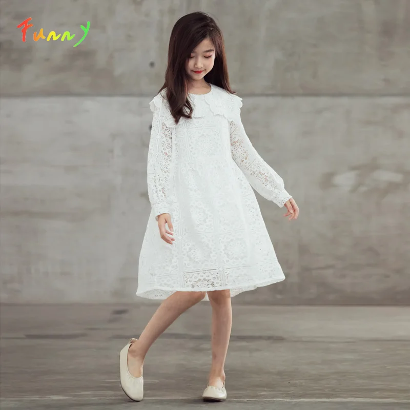 Spring Autumn 2022 Girls White Lace Dress Hollow Out Knee Length Princess Costume Teen Girl Party Birthday Dress Kids Clothes